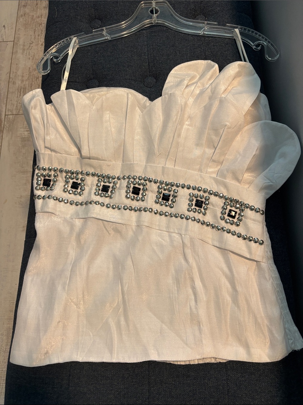 San Joy Ivory Strapless Beaded Waist Bustier Dress
